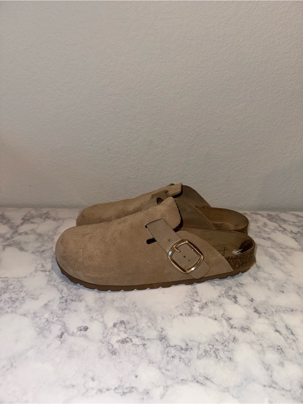 Womens Suede Slip-On Clog with Adjustable Buckle - Tan Genuine Leather